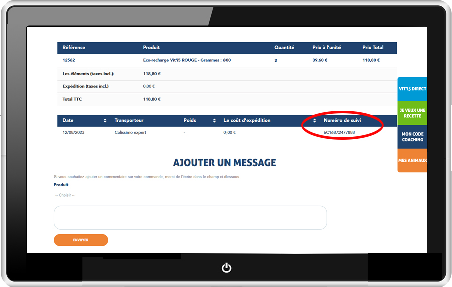 numéro de suivi d'une commande Vit'i5
